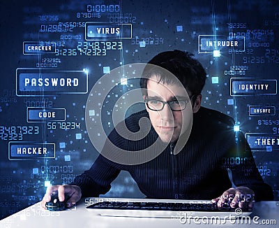 Hacker programing in technology enviroment with cyber icons Stock Photo