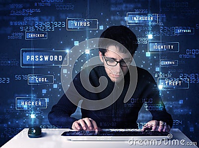 Hacker programing in technology enviroment with cyber icons Stock Photo