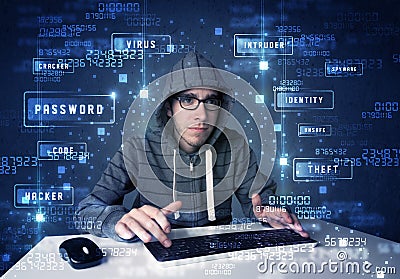Hacker programing in technology enviroment with cyber icons Stock Photo