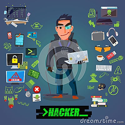 Hacker or programmer character design with icon set come with typographic for header design - illustration Stock Photo