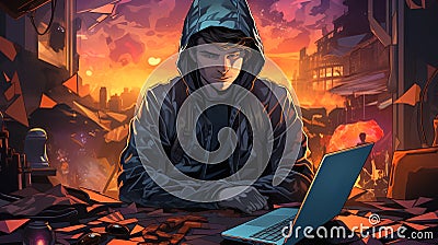 Hacker programmer in a hoodie working on the darknet Cartoon Illustration