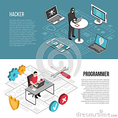 Hacker Programmer Isometric Banners Vector Illustration