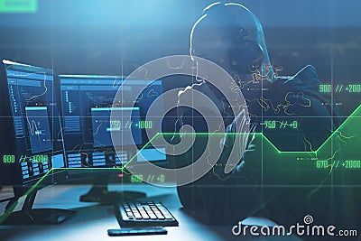 Hacker with progress bar on computers in dark room Stock Photo