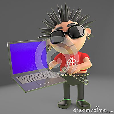 Hacker punk rocker with new laptop computer, 3d illustration Cartoon Illustration