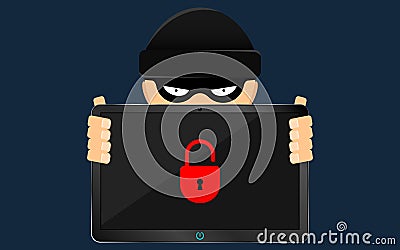 A hacker and a rascal are holding a broken tablet in their hands. A serious problem, the loss of data. Flat style Stock Photo