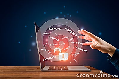 Hacker reach for unprotected computer and password leakage concept Stock Photo