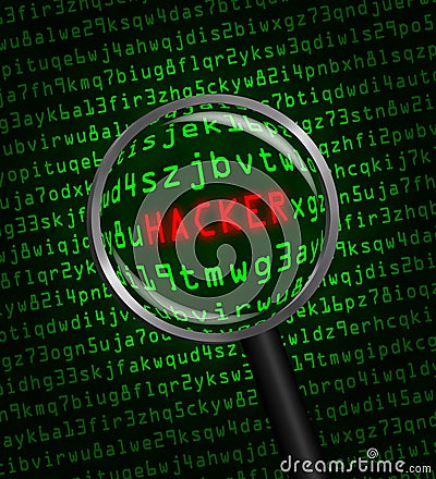 HACKER in red revealed revealed in green computer machine code through a magnifying glass Stock Photo