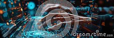 Hacker& x27;s hands are actively typing on a keyboard, highlighted by a flurry of digital symbols and codes. Generative Stock Photo