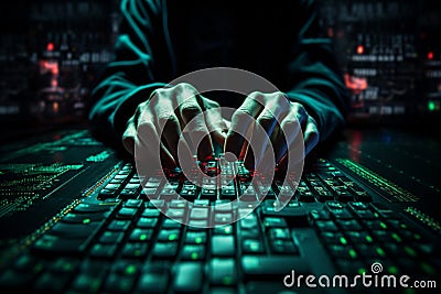 hacker's hands in close-up, working on the keyboard and launching the process of data theft, Stock Photo