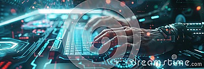 A hacker's skilled hands rapidly type on a keyboard, surrounded by glowing digital symbols and codes, creating an Stock Photo