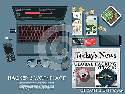 Hacker`s work place top view concept flat with laptop. Virus ware uploading on the net also table deck with glasses newspap Stock Photo