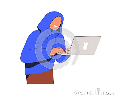 Hacker scammer at laptop computer. Online fraud, scam, cyber crime concept. Anonymous man, fake person swindler cheating Vector Illustration