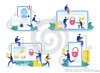 Hacker set. Thiefs attack computer and mobile phone Vector Illustration