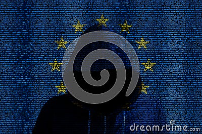 Hacker shininhg through european computer code flag Stock Photo