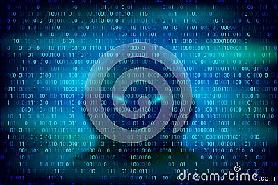 Hacker silhouette on the blue background with binary code textur Vector Illustration