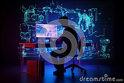 hacker front of his computer committing digital cybercrime. Generative AI Stock Photo