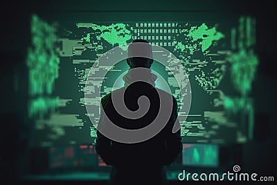 hacker silhouette in front of monitors hacks servers illustration Generative AI Cartoon Illustration