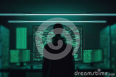 hacker silhouette in front of monitors hacks servers illustration Generative AI Cartoon Illustration