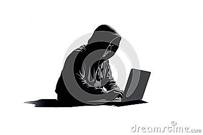Hacker silhouette with laptop on a white background. Stock Photo