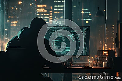 A Hacker Silhouetted Against a City Skyline, Working at a Computer with a World Map Displayed on the Screen Stock Photo