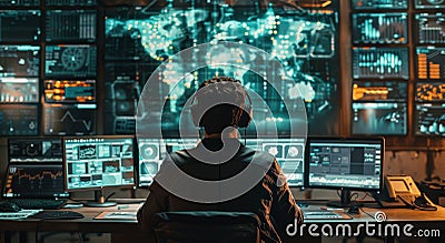Silhouetted Hacker Monitoring Global Data Network With Multiple Monitors Stock Photo