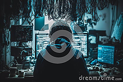 Cracking the code: inside a hackers dark and dirty room, Generative AI Stock Photo