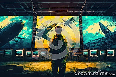 Hacker standing in front of monitors. Beautiful illustration picture. Generative AI Cartoon Illustration