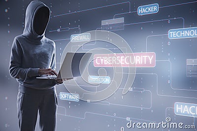 Hacker standing and using notebook with glowing hacking hologram with binary code and lines. Cybersecurity, firewall, technology Stock Photo