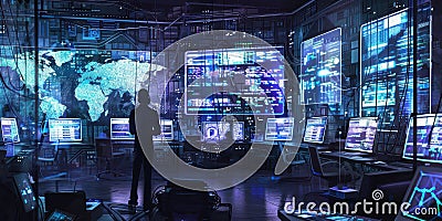 A lone hacker stands in a dark room surrounded by screens displaying code and data Stock Photo