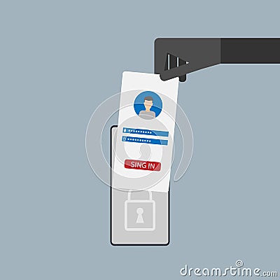 Hacker stealing password for social network from smartphone screen, criminal on smart phone Vector Illustration