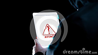 Hacker tablet cyber security. Digital mobile phone in hacker man hand isolated on black banner. Internet web hack Stock Photo