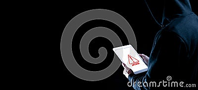 Hacker tablet cyber security. Digital mobile phone in hacker man hand isolated on black banner. Internet web hack Stock Photo