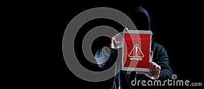 Hacker tablet cyber security. Digital mobile phone in hacker man hand isolated on black banner. Internet web hack Stock Photo