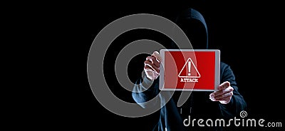 Hacker tablet cyber security. Digital mobile phone in hacker man hand isolated on black banner. Internet web hack Stock Photo