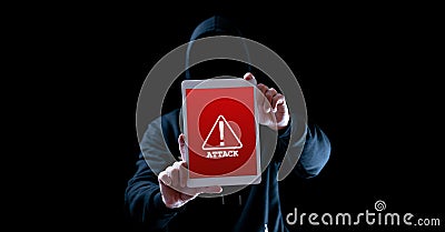 Hacker tablet cyber security. Digital mobile phone in hacker man hand isolated on black banner. Internet web hack Stock Photo