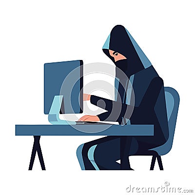 hacker typing in computer at desk Vector Illustration