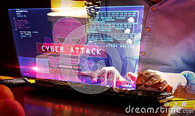 Hacker typing on keyboard with breaking security and code on hologram screen Stock Photo