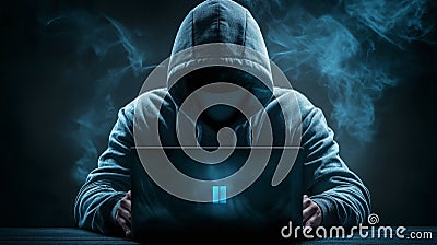 Hacker typing on the keyboard of a computer in a dark room Stock Photo