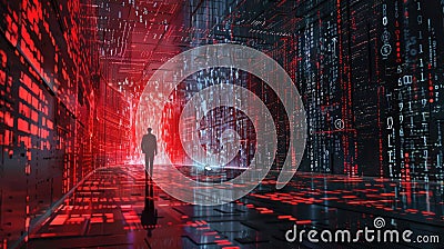 Hacker or user on dark red tech background, silhouette of person and digital data pattern. Concept of cyber security, technology, Stock Photo