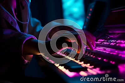 Hacker uses keyboard, shakes buttons with fingers to crack password. Internet security concept, cyber attack. Neon blue Stock Photo
