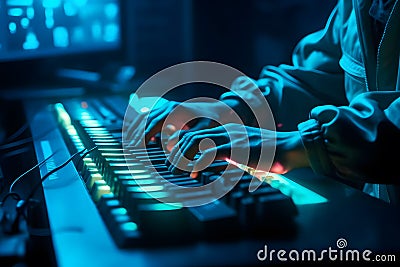 Hacker uses keyboard, shakes buttons with fingers to crack password. Internet security concept, cyber attack. Neon blue Stock Photo