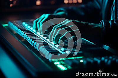 Hacker uses keyboard, shakes buttons with fingers to crack password. Internet security concept, cyber attack. Neon blue Stock Photo