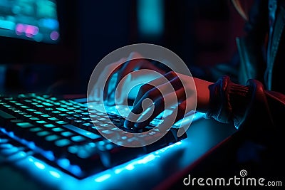 Hacker uses keyboard, shakes buttons with fingers to crack password. Internet security concept, cyber attack. Neon blue Stock Photo