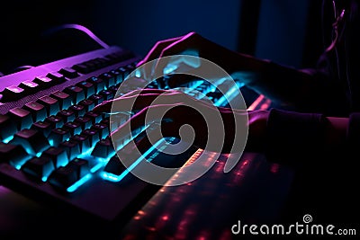 Hacker uses keyboard, shakes buttons with fingers to crack password. Internet security concept, cyber attack. Neon blue Stock Photo