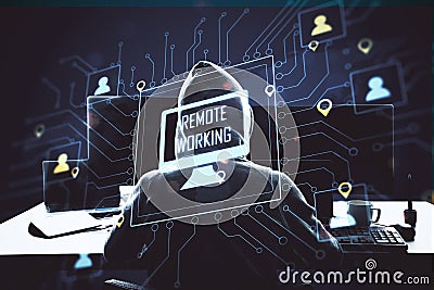 Hacker using computer with glowing remote work interface Stock Photo