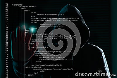 Hacker using digital code on virtual screen. Cyber crime concept Stock Photo