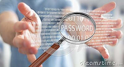 Hacker using digital magnifying glass to find password 3D render Stock Photo