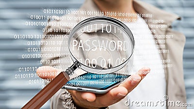 Hacker using digital magnifying glass to find password 3D render Stock Photo