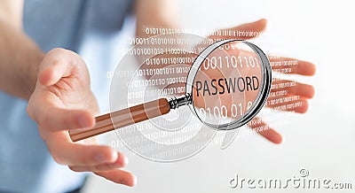 Hacker using digital magnifying glass to find password 3D render Stock Photo