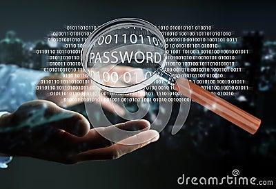 Hacker using digital magnifying glass to find password 3D render Stock Photo